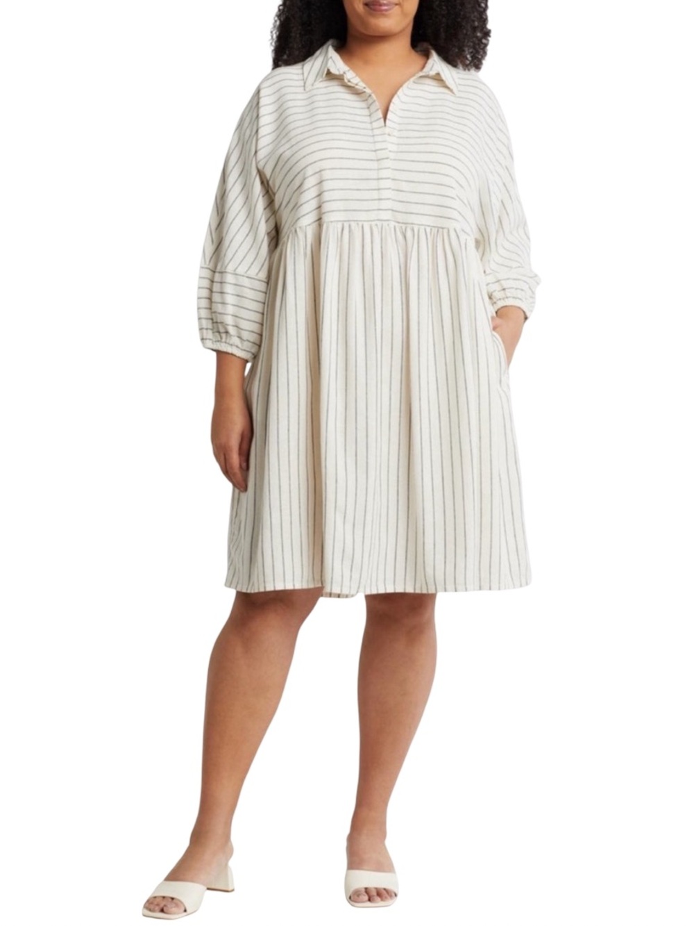 Caslon Striped Shirt Dress Peplum Midi Cream Black 1X